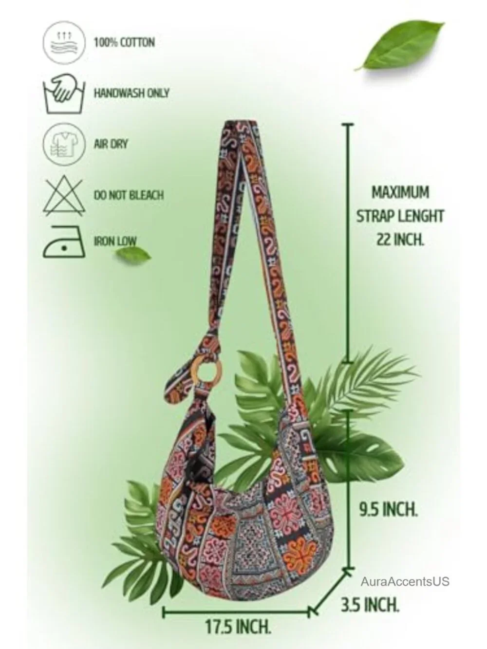 Handmade Cotton Boho Hobo Crossbody Bag with Wooden Ring